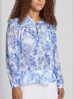 ZARA NWT Blue White Floral Ruffled
Semi Sheer Long Sleeve Bobo Blouse Size XL